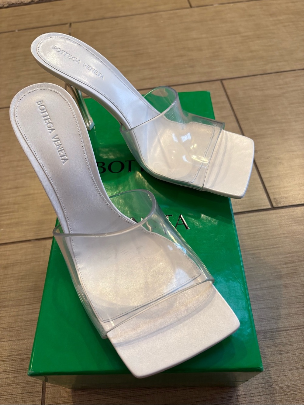 Bottega Veneta White Clear PVC Strap Square-Toe Mule Heel